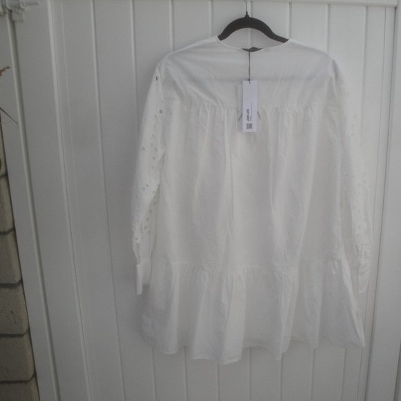 Zara Mini Dress Eyelet Babydoll White Button-Down Front Ruffle XS NEW - Picture 6 of 7